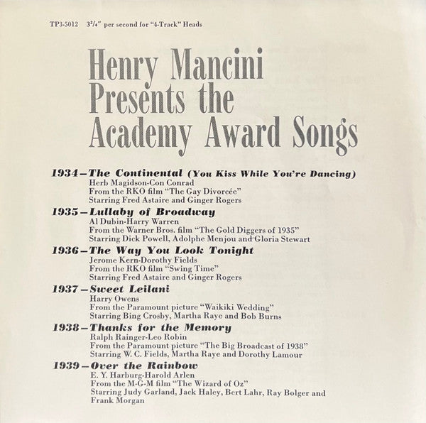Henry Mancini, His Orchestra And Chorus* : Henry Mancini Presents The Academy Award Songs (Reel, 4tr Stereo, 7" Reel)