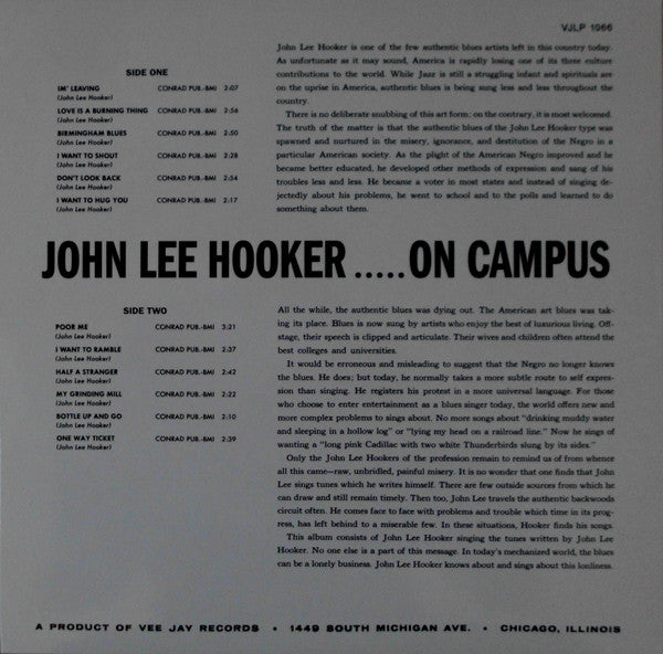 John Lee Hooker : On Campus (LP, Album, RE)