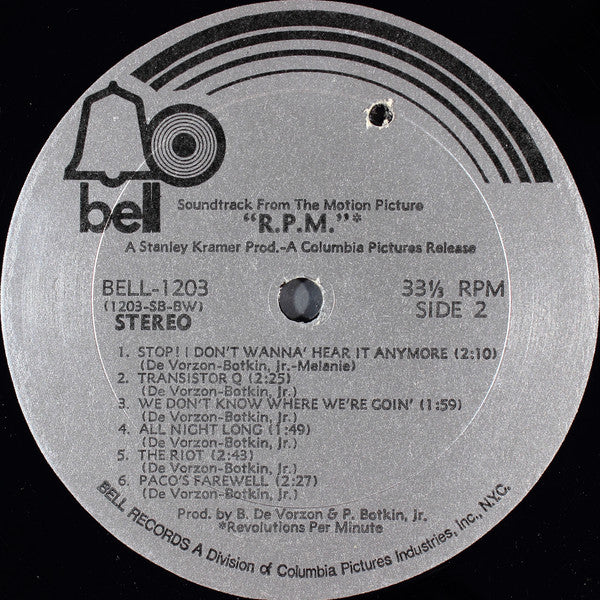 Barry De Vorzon & Perry Botkin Jr. : R.P.M. (The Original Motion Picture Soundtrack) (LP, BW )