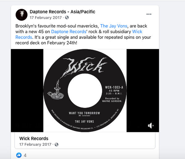 The Jay Vons : Want You Tomorrow (7", Single)