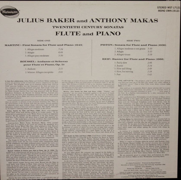 Walter Piston, Bohuslav Martinu*, Paul Reif, Albert Roussel, Julius Baker, Anthony Makas : Twentieth Century Sonatas (LP, Mono)
