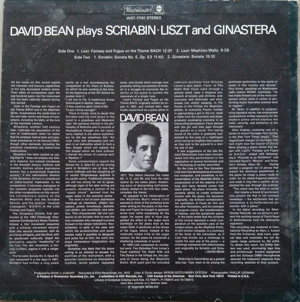 David Bean (3) Plays Liszt*, Scriabin*, Ginastera* : Plays Liszt, Scriabin and Ginastera (LP)