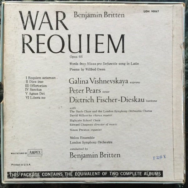 Benjamin Britten, Melos Ensemble Of London, The London Symphony Orchestra* and Chorus*, The Bach Choir, The Choir Of Highgate School : War Requiem Op. 66 (Reel, 4tr Stereo, 7" Reel, Album)