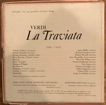 Giuseppe Verdi / Orchestra Del Teatro Dell'Opera Di Roma And Coro Del Teatro Dell'Opera Di Roma Conducted By Fernando Previtali, Anna Moffo, Richard Tucker (2), Robert Merrill : La Traviata (2xReel, 4tr Stereo, Album)