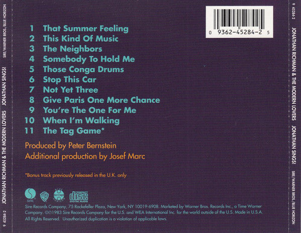 Jonathan Richman & The Modern Lovers : Jonathan Sings! (CD, Album, RE)