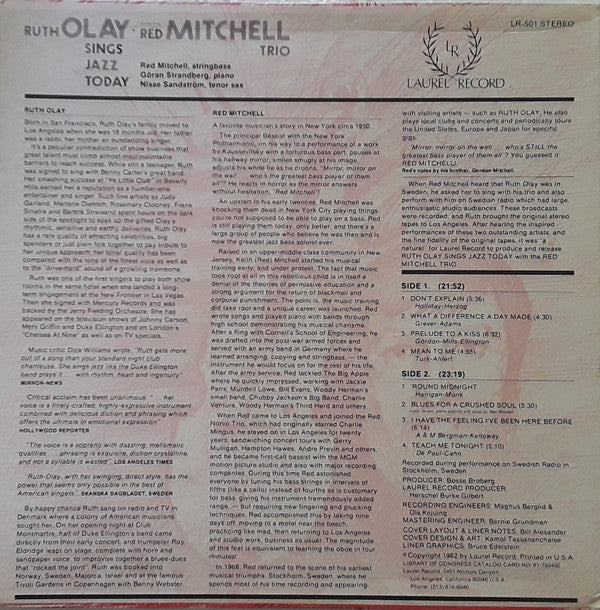 Ruth Olay With The Red Mitchell Trio : Sings Jazz Today (LP)