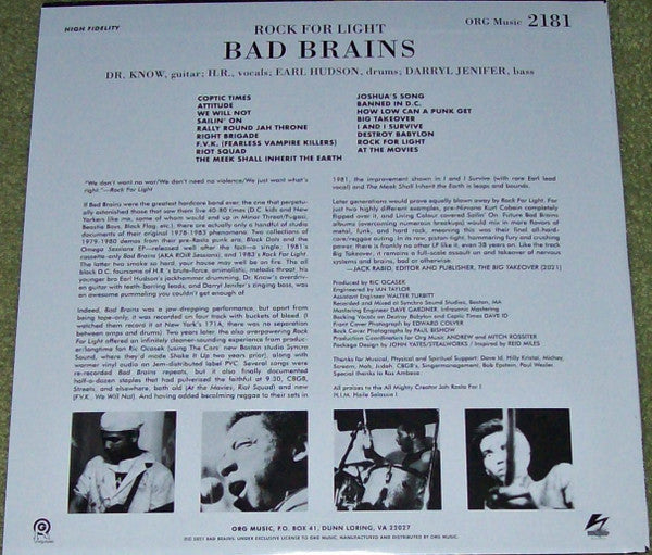 Bad Brains : Rock For Light (LP, Album, RE, RM)