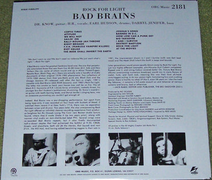 Bad Brains : Rock For Light (LP, Album, RE, RM)