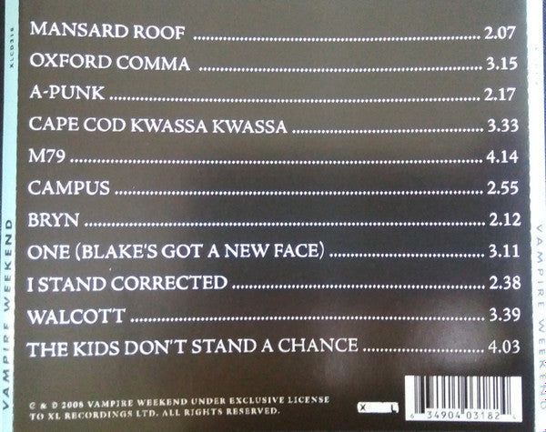 Vampire Weekend : Vampire Weekend (CD, Album, RE, RP, arv)