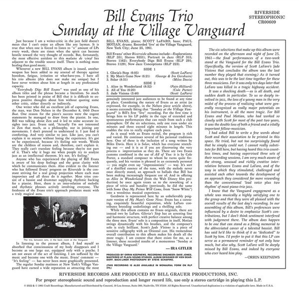 The Bill Evans Trio Featuring Scott LaFaro : Sunday At The Village Vanguard (LP, Album, RE, 180)