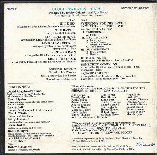 Blood, Sweat And Tears : Blood, Sweat And Tears 3 (Reel, 4tr Stereo, 7" Reel, Album)