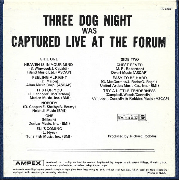 Three Dog Night : Captured Live At The Forum (Reel, 4tr Stereo, 7" Reel, Album)