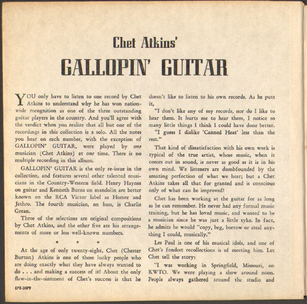 Chet Atkins : Gallopin' Guitar (2x7", Album, EP)