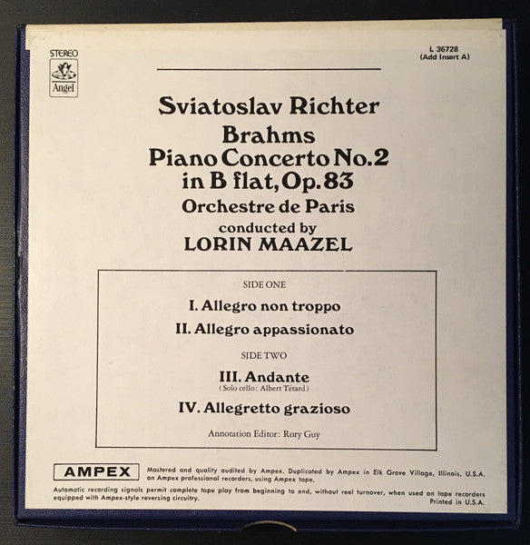 Sviatoslav Richter, Orchestre De Paris, Lorin Maazel - Johannes Brahms : Piano Concerto No. 2 In B Flat (Reel, 4tr Stereo, 7" Reel)