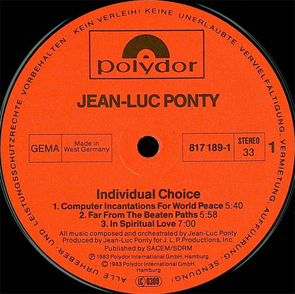 Jean-Luc Ponty : Individual Choice (LP, Album)
