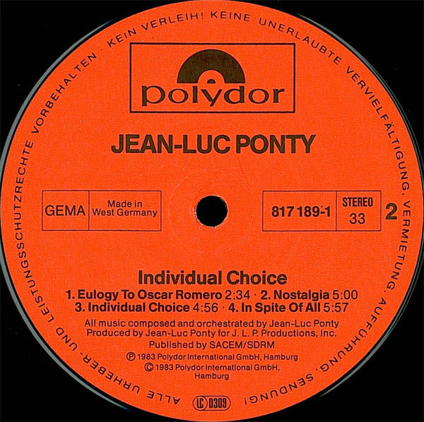 Jean-Luc Ponty : Individual Choice (LP, Album)