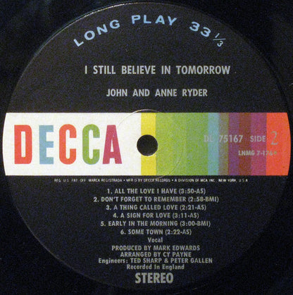 John & Anne Ryder : I Still Believe In Tomorrow (LP, Album, Los)