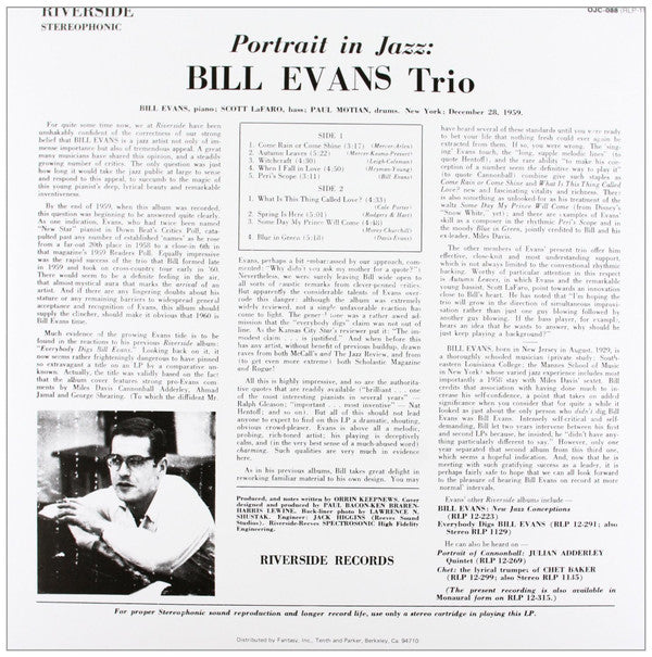 Bill Evans Trio* : Portrait In Jazz (LP, Album, RE)