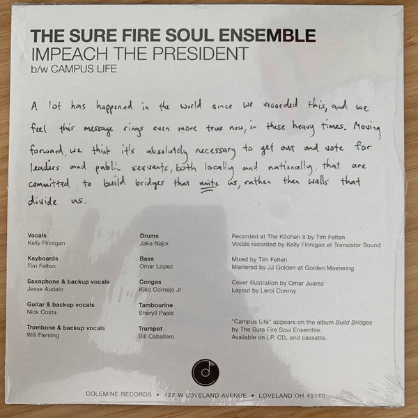 The Sure Fire Soul Ensemble Featuring Kelly Finnigan : Impeach The President (7", Ltd, Blu)