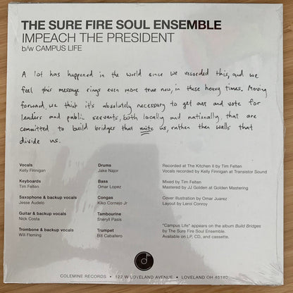 The Sure Fire Soul Ensemble Featuring Kelly Finnigan : Impeach The President (7", Ltd, Blu)