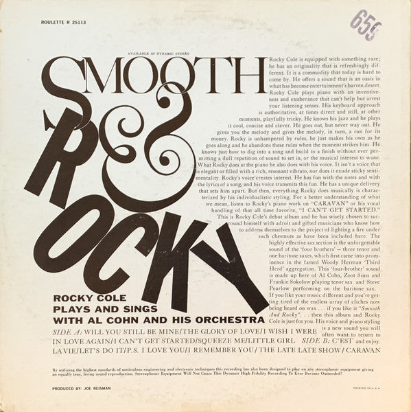 Rocky Cole Plays And Sings With The Al Cohn And His Orchestra : Smooth & Rocky (LP, Album, Mono, RP)