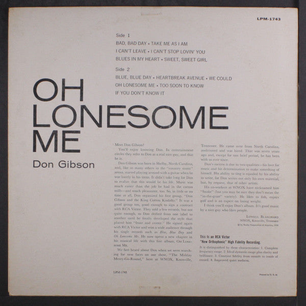 Don Gibson : Oh Lonesome Me (LP, Album, Mono)