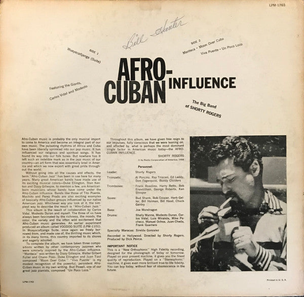 Shorty Rogers Big Band Featuring The Giants (3) With Carlos Vidal And Modesto Duran : Afro-Cuban Influence (LP, Album, Mono)