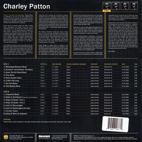 Charley Patton : Complete Recorded Works In Chronological Order Volume 1 (LP, Comp, RP)