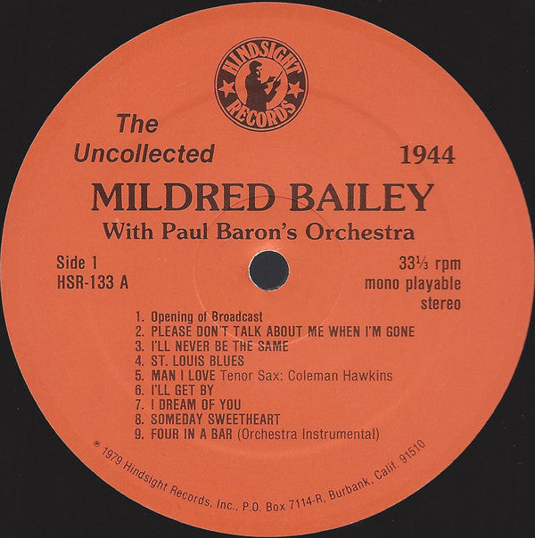 Mildred Bailey With Paul Baron and His Orchestra Featuring Teddy Wilson, Roy Eldridge, Red Norvo : The Uncollected Mildred Bailey 1944 (The CBS Radio Shows) (LP)