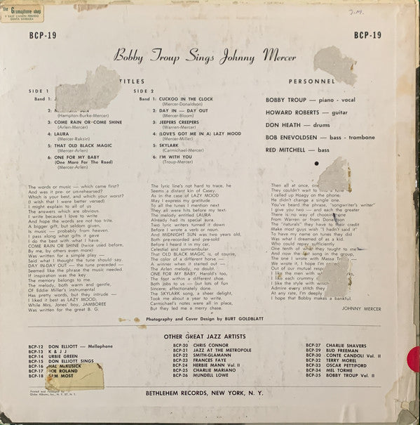 Bobby Troup : Bobby Troup Sings Johnny Mercer (LP, Mono)