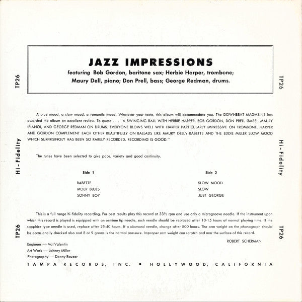 Bob Gordon Quintet : Jazz Impressions (LP, Album, Mono)