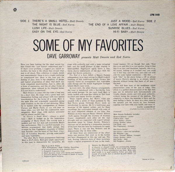 Dave Garroway presents Matt Dennis, Red Norvo : Some Of My Favorites (LP, Album, Mono)